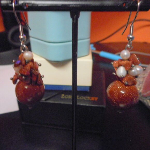EARRINGS - 1 pair - dangle bead - fish hook ear wire - Picture 1 of 8